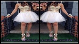 2020 Cheap Two Piece Ball Gown Homecoming Dresses With Gold Beaded Straps Tulle White Short Prom Dress Sweet 16 Gown1295002