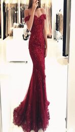 2018 Sexy Prom Dresses Off Shoulder Dark Red Burgundy Hunter Lace Appliques Beaded Mermaid Long Open Back Evening Dress Party Page6786063