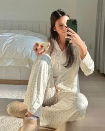 Women's Sleepwear Casual Pyjama Sets Turn-down Collar Long Sleeve Floral Print T Shirt Pants Suit Nightwear Loungewear