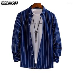 Men's Casual Shirts Men Stripes Shirt For Summer Spring Long Sleeve Polyester Navy Turndown Collar Male Fashion Clothing 00581