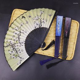 Decorative Figurines Chinese Japanese Silk Folding Fan Vintage Plum Bossom Pattern Dance Art Craft Gift Tassel Hand Home Decoration