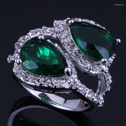 Cluster Rings Unique Pear Green Cubic Zirconia White CZ Silver Plated Ring V0468