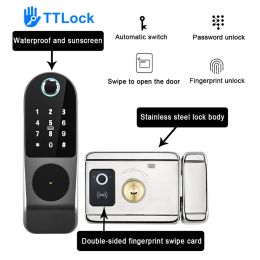 Lock Waterproof Smart Lock For Gate Outdoor Keyless Electric Rim Wifi DoubleSided Fingerprint Reader Lock With Tuya Ttlock Life App