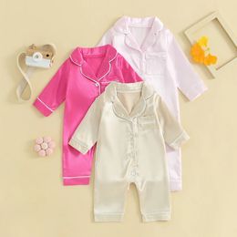Kids Satin Pajamas Solid Color Button Long Sleeves Rompers Pants for Girls Boys Summer Loungewear Sleepwear 240325