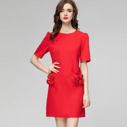 Women's Runway Dresses O Neck Short Sleeves Appliques Front Pockets Fashion A Line Mini Vestidos