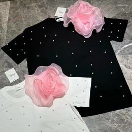 Women's T Shirts Beaded Mid-length Shirt 2024 Summer Short Sleeve Cotton Tshirt With Three-Dimensional Flower Top Tees Youthful Woman