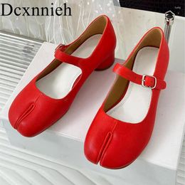 Dress Shoes Chunky Mid Heels Pumps Women Genuine Leather Sandals Split Toe Solid Color Buckle Single Ladies Spring Retro Party
