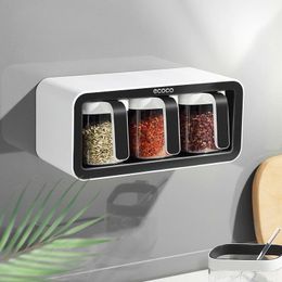 Wall Mount Spice Rack Organiser Sugar Bowl Salt Shaker Seasoning Container Spice Boxes With Spoons Kitchen Supplies Storage Set