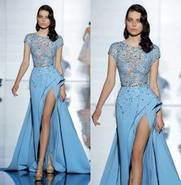 Elie Saab Sky Blue Formal Celebrity Evening Dresses Short Sleeves Beaded Lace Thigh High Split 2018 Cheap sheer Prom Special Occas2076063
