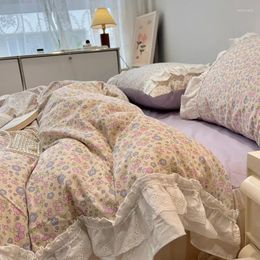 Bedding Sets Cotton Premium Elegant Floral Blossom Print Set Sweet Princess White Ruffle Edge Duvet Cover Bedskirt Pillowcase 4Pc