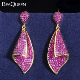 Earrings BeaQueen Famous Designer Fuchsia Purple Red Cubic Zirconia Crystal Paved Setting Gemoetric Hanging Drop Earrings for Women E374