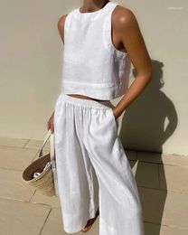 Women's Two Piece Pants Women Spring Summer Fashion 2024 Holiday Linen Pant Set Crop Tops Solid Outfits Sleeveless 2 Matching For