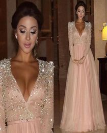 New Myriam Fares Formal Evening Dresses Long Sleeves Deep V Neck Crystal Blush Pink Arabic Red Carpet Prom Party Pageant Gowns Ves6401729