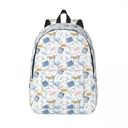 School Bags Watercolour Collage Blue Pink For Teens Student Book Canvas Daypack Middle High College Hiking