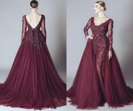 Elegant Lace Formal Burgundy Celebrity Evening Dresses Backless V Neck Long Sleeves 2017 Elie Saab Dress Arabic Party Gowns Cheap 6254407