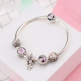Bracelets 100% Sterling Sier Pan Bracelet Set for Europe Women Spring Flowers Birthday Gift Diy Original Charm Jewelry