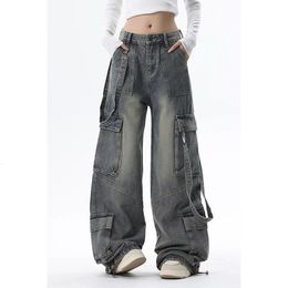 Women Blue Jeans Cargo Pants Streetwear High Waist American Wide Leg Fashion Y2K Style Female Winter Straight Trousers 240401