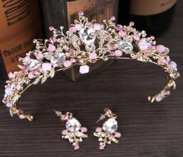 Luxury Bridal Crown Rhinestone Crystals Royal Wedding Queen Crowns Princess Crystal Baroque Birthday Party Tiaras Earring Pink Gol7083070