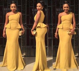 Black Girls One Shoulder Prom Dresses 2017 Aso Ebi Style Yellow Satin Peplum Mermaid African Evening Gowns Formal Party Dress9090096