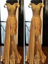 Arabic Golden Tulle Prom Dress With Chiffon Overskirt 2018 Off The Shoulder Lace Appliques Beads Prom Dresses Sexy Chic Mermaid Ev2101116