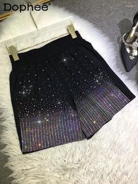 Women's Shorts Diamond Black Elastic Waist Wide Leg European Goods Drilling Women Summer Versatile Lightweight Booty