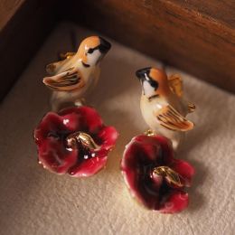 Earrings Cute Elegant Bird Flowe Earring For Women Enamel Glaze Copper Jewellery Female Ear Accessories Gift