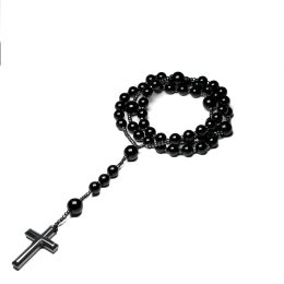 Necklaces Natural Black Onyx Beads Catholic Christ Rosary Necklaces Hematite Cross Pendant Men Necklace Meditation Mala Jewellery
