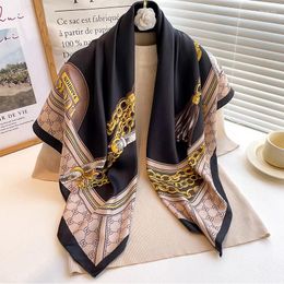 Scarves 90X90cm Print Square Silk Scarf Women Design Temperament Hijab Wrap Shawl Beach Travel Decoration Foulard Ribbon Tie Bag