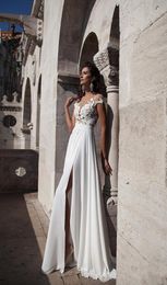 High side split chiffon long sweep spring wedding dresses sheer capped sleeves applique buttons see through back bridal gowns9038418