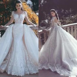 Dresses 2022 New Mermaid Lace Wedding Dresses With Detachable Train Sheer Neck Long Sleeves Beaded Overskirt Dubai Arabic Bridal Gowns CG0