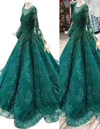 2022 Vintage Emerald Green Ball Gown Quinceanera Dresses with Long Sleeves Illusion Crystal Beads Full Lace Evening Party Gowns Cu4568709