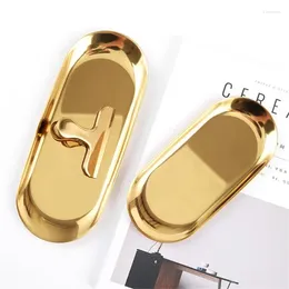 Decorative Figurines Oval Tray Gold Stainless Steel Tea Fruit Plate Storage Cosmetics Jewelry Holder 18/23/30.3cm Household Decoration
