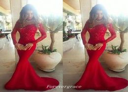 Red Long Sleeves Evening Dress Sexy Mermaid Off Shoulder Lace Girls Wear Special Occasion Party Gown Cheap Custom Made Plus Size7579710