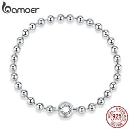 Bangles bamoer 925 Sterling Silver Pure Silver Round Bead Bracelet Forever Love Chain Women Fashion Basic Bracelets SCB208