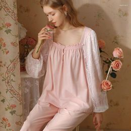 Home Clothing Women's Pajama Sets Cotton Lace Sleep Shirts Long Sleeve Pants Wear Night Dress Woman