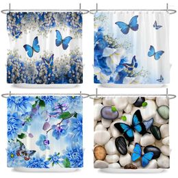 Shower Curtains Blue Rose Butterfly Flowers Curtain 3D Bathroom Fabric Waterproof Polyester Washable Bath Screen Set