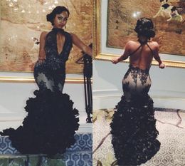 2020 Cheap Sexy Black Halter Keyhole Floral Mermaid Prom Dresses Sexy Backless Prom 2K17 Tulle Appliques 3D Flowers Party Evening 6519515