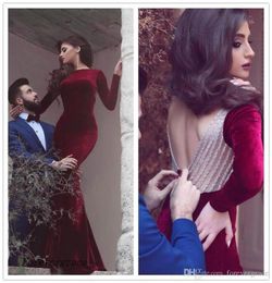 2019 New Burgundy Dubai Long Sleeves Prom Dress Cheap Velvet Arabic Formal Holidays Wear Graduation Evening Party Gown Custom Made9362862