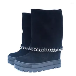 Boots Bottine Femme 8CM Height Increasing Wedges Mid-Calf Woman Black Snow Fashion Botas Leather Chains Punk Female Shoes