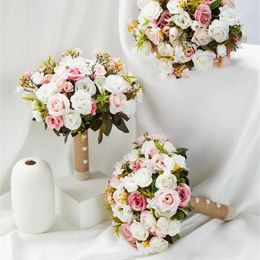 Decorative Flowers Pink Wedding Bouquet Bride Bridesmaid Holding Silk Ribbon Roses Artificial Flower Mariage Accessories