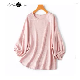 Women's T Shirts 2024 Fashion Spring Romantic Pink Natural Mulberry Silk Hualuo Satin Round Neck Lantern Sleeve Loose T-shirt Top