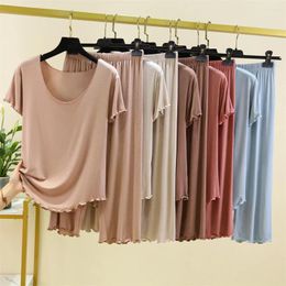 Home Clothing 2024 Women Summer Modal Nightgown 2pcs Pajama Sets Short Tshirt And Calf Length Pants Loose Sleepwear Comfortable Homewear