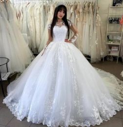 Dresses Long Sleeve Wedding Dresses Bridal Gowns Modest Garden Aline Sheer Neck Church Dubai Arabic Sweep Train Lace Up Tulle