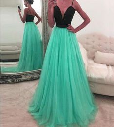 Popular Two Tone Prom Dress Long Formal Black Top Turquoise Tulle Prom Dresses Evening Gown with Beading4486836