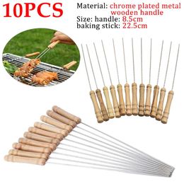 Tools 10pcs Outdoor Camping Picnic Barbecue Sticks Wooden Handle Stainless Steel BBQ Grill Needle Set Rust Resistant