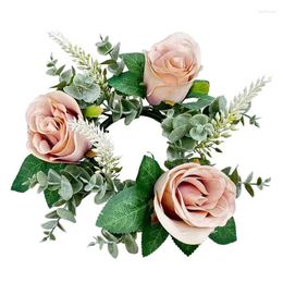 Decorative Flowers Candle Rings Wreaths 8inch Rose Wreath Pillar Holder Faux Kitchen Cabinet For Spring Farmhouse