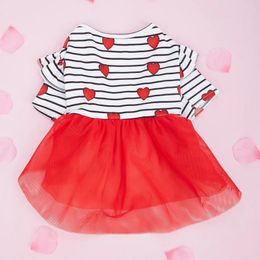 Dog Apparel Stripe And Red Hearts Valentine's Day Tulle Dress Flutter Sleeve Clothes For Small Dogs Girl Cat