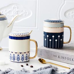 Mugs Nordic Geometric Art Ceramic Couple Mug Modern Home Luxury Afternoon Tea Coffee Milk Instant Beverage Cup With Lid Spoon Giftbox