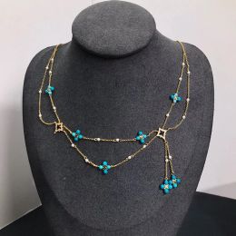 Necklaces New Roman Style Double layer Blue Stone Pearl Necklaces Design Flower turquoise bohemia Statement Necklace zk35