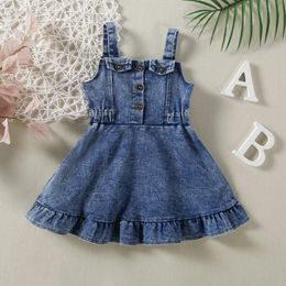 Infant Girls Four Seasons Halter Casual Retro Elegant Denim Dress Simple Lady Wind For 02 Years Old Baby 240329